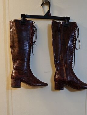 kate spade Brown Faux Snakeskin At-the-Knee Lace-Up Boots, Size 7, NWT